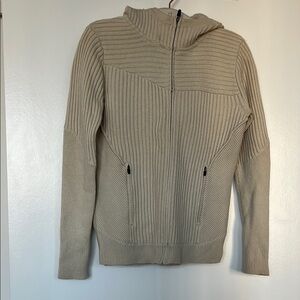 Aether Wool and Cashmere Ribbed Zip Up Sweater with Hood